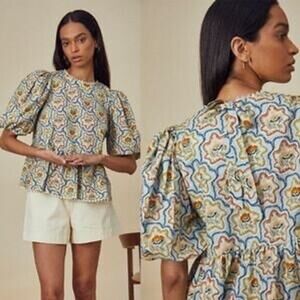 HUNTER BELL Floral Tile Print Puff Sleeve Blouse in Blue, Cream, Yellow